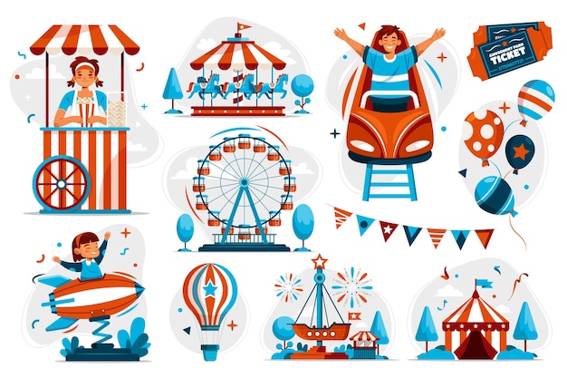Elementos del parque de atracciones en diseño plano.