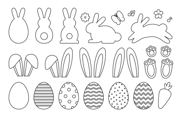 Elementos de Pascua plantilla contorno conejo y huevo para scrapbooking siluetas de conejo patas orejas y huevos de pintura para la decoración de vacaciones de Pascua adhesivos de papel de juego vectorial para niños