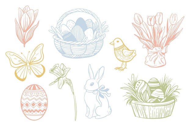 Elementos de Pascua vintage dibujados a mano Ilustraciones de bocetos de la colección de primavera