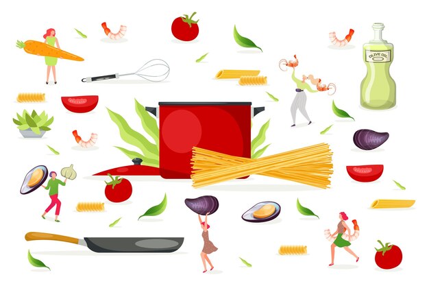 Vector elementos de pasta cocinando comida vector ilustración restaurante cena plato adulto personaje de mujer plana