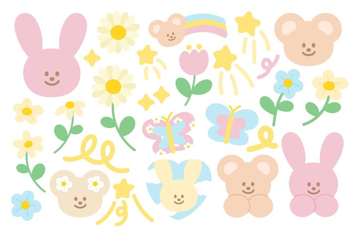 Elementos pastel de conejito conejo oso de peluche mariposa flor arco iris y estrella para el logotipo de la pegatina