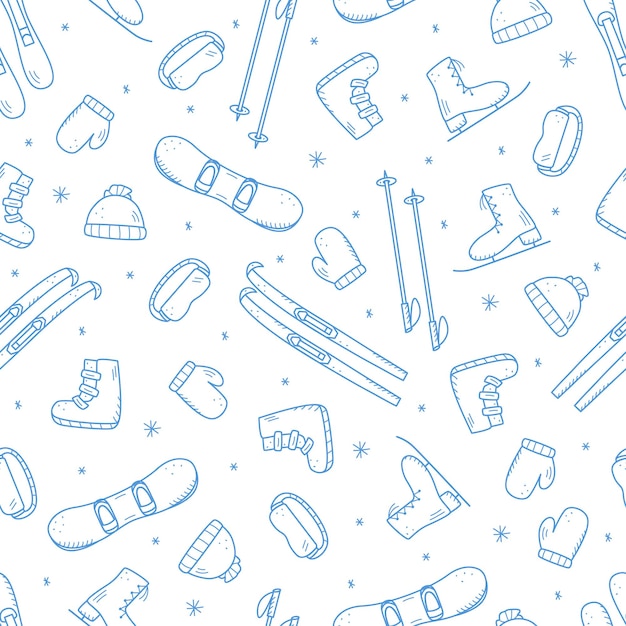 Elementos de patrón de doodle transparente de deportes activos de invierno, esquí con palos, esquí alpino, snowboard, patines de hielo, ropa de invierno.