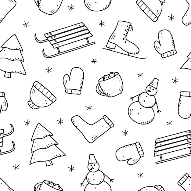 Elementos de patrón de doodle transparente de elementos de Navidad y año nuevo, abeto y flores de invierno, copos de nieve, trineos, patines, chocolate caliente, ropa de invierno.