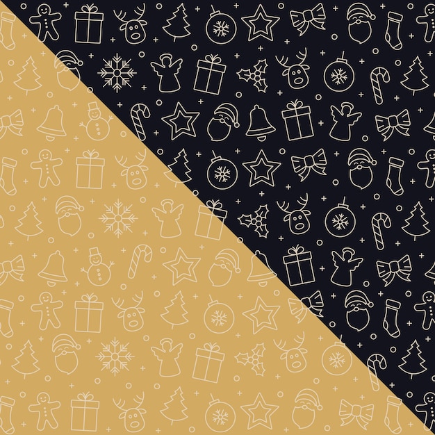 elementos de patrón de icono de Navidad oro fondo negro blanco