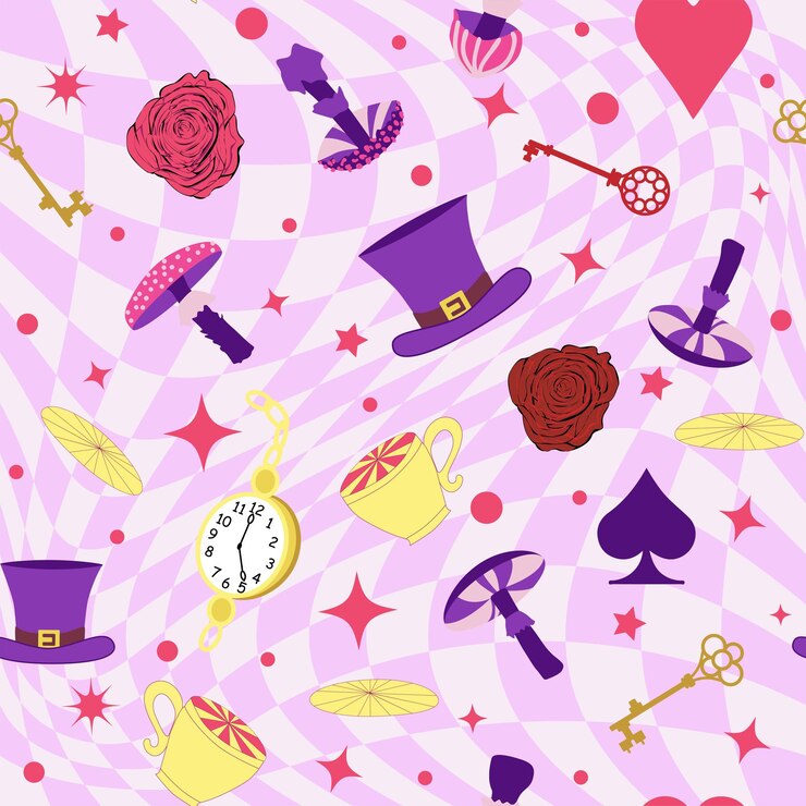 Vector los elementos del patrón del país de las maravillas rosas conejo cheshire gato flamenco cartas sombrero taza y setas y reloj
