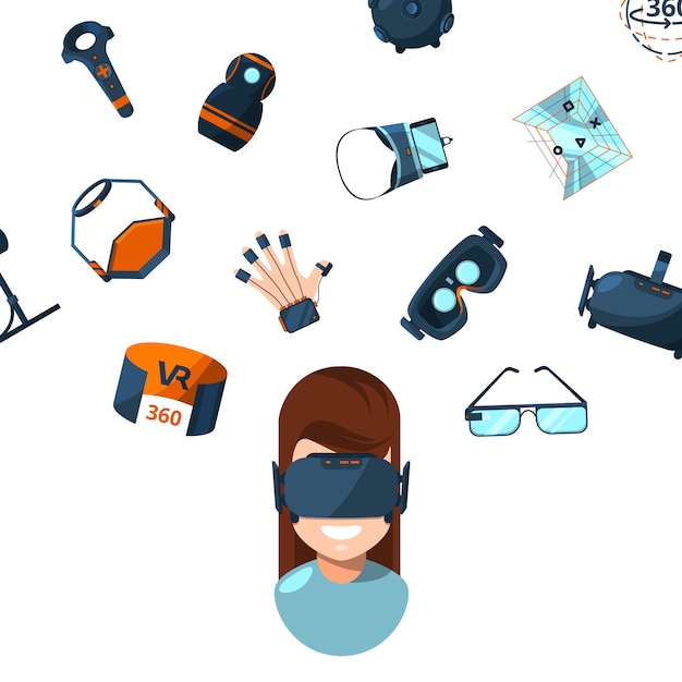 Elementos y persona mujer en gafas VR.