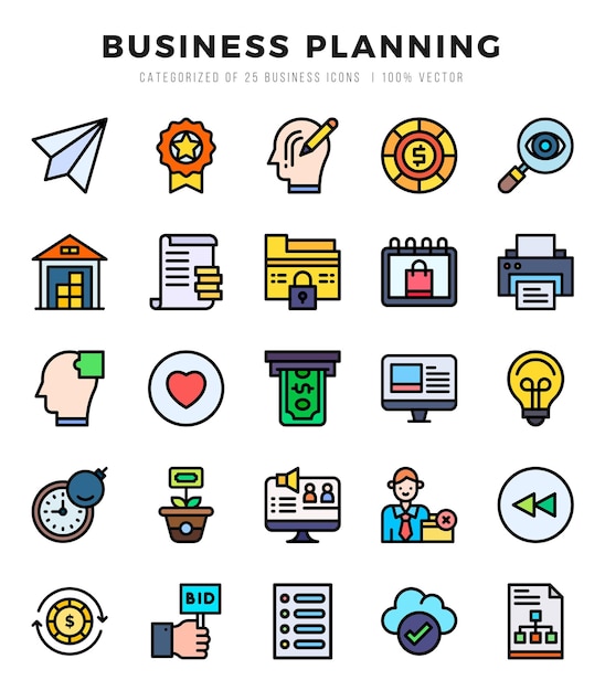 Elementos de planificación de negocios Lineal Color conjunto de iconos web Ilustración vectorial sencilla