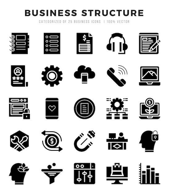 Elementos de planificación de negocios Lineal Conjunto de iconos web llenados Ilustración vectorial sencilla