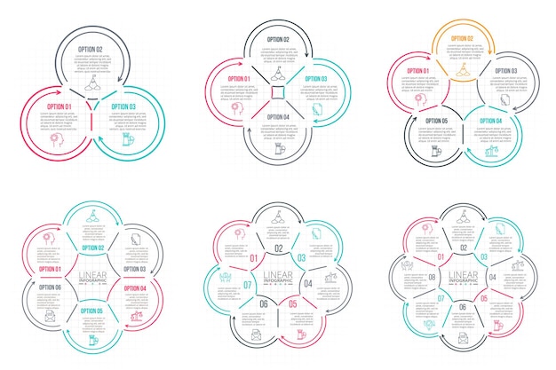 Elementos planos de línea delgada para conjunto infográfico con 3 4 5 6 7 y 8 opciones de piezas o procesos