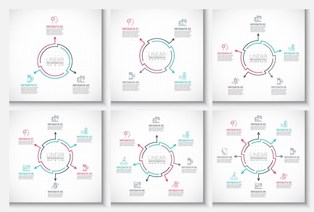 Elementos planos de línea delgada para infografía con 3 4 5 6 7 y 8 opciones partes pasos o procesos