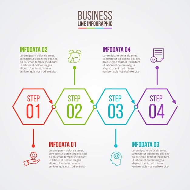 Elementos planos de línea delgada para infografía con 4 opciones de partes, pasos o procesos