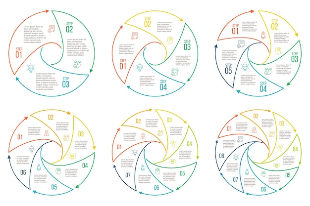 Elementos planos de línea delgada para infografía Plantilla para presentación de diagramas y gráficos Concepto de negocio con 3 4 5 6 7 y 8 opciones partes pasos o procesos Visualización de datos