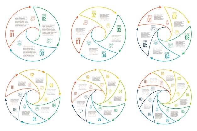 Vector elementos planos de línea delgada para infografía plantilla para presentación de diagramas y gráficos concepto de negocio con 3 4 5 6 7 y 8 opciones partes pasos o procesos visualización de datos