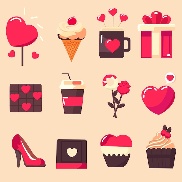 elementos planos de San Valentín comida cupcakes y juego de regalos