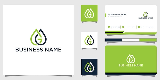 Elementos de plantilla de diseño de icono de logotipo de gota de agua de letra G con plantilla de diseño de tarjeta de visita