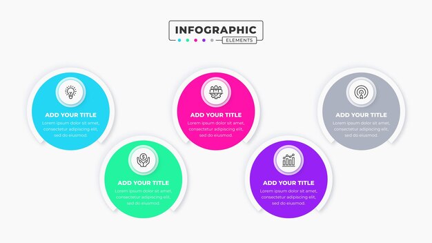 Elementos de presentación de infografía de negocios creativos con 5 pasos u opciones