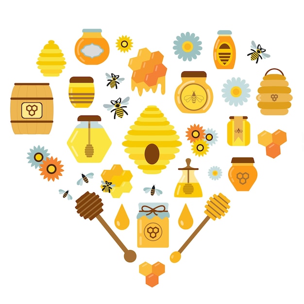 Elementos de productos de miel orgánica e íconos colmenares en forma de corazón