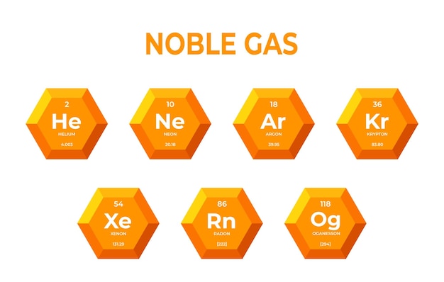 Vector elementos químicos de gas noble en hexágonos.