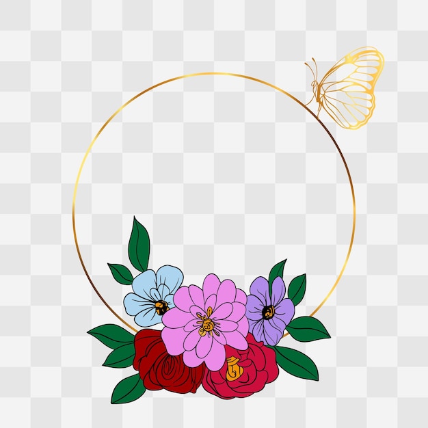 Elementos de ramo de flores para decoración de diseño Rosa de hibisco colorida con mariposa de marco dorado