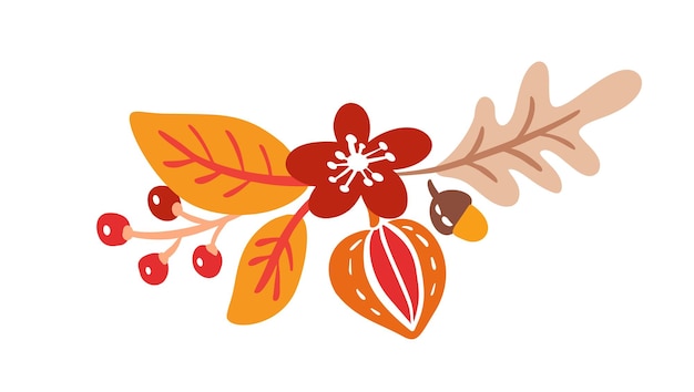 Elementos de ramo de otoño de vector hojas de arce naranja bayas composición plana laico aislado