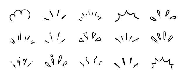 Elementos de rayos de brillo de rayos de sol de brillo de Doodle Marco de línea de sorpresa pop dibujado a mano para el título del título