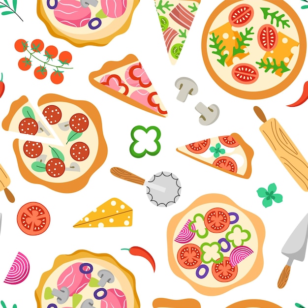 Vector elementos repetidos de pizza ingredientes de alimentos dibujados a mano cocina tradicional italiana deliciosos tomates carne queso vector seamless patternjpg