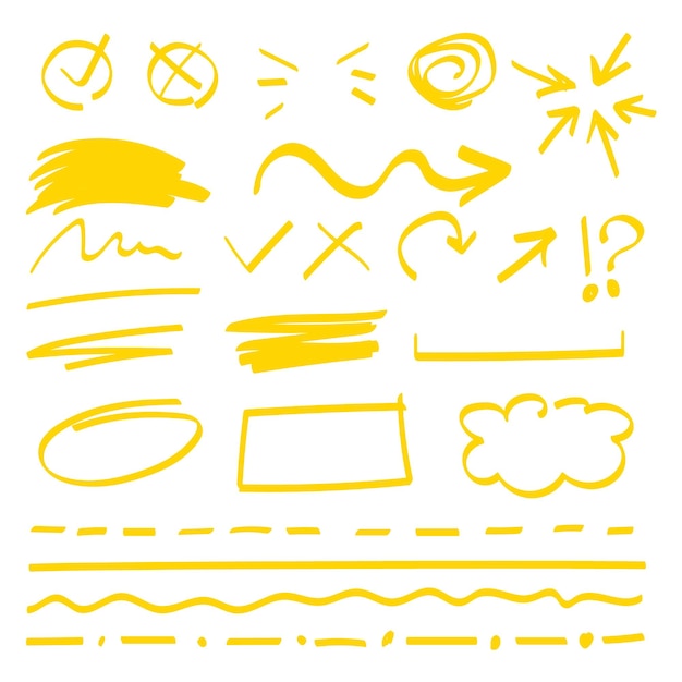 Elementos de resaltado amarillo vector aislado Líneas de marcador flechas y círculos Diferentes garabatos trazo de resaltado en pizarra