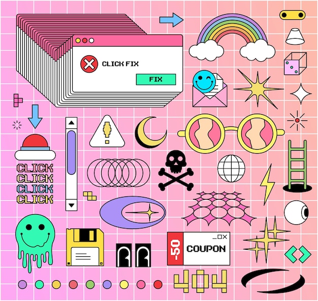 Elementos retro de moda configurados en estilo Fun y2k Elementos gráficos agrupados en estilo retro de moda de los años 90 Estilo de dibujos animados