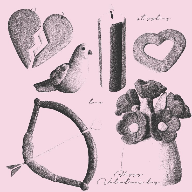 Vector elementos románticos lindos con un efecto de fotocopia retro concepto infantil del día de san valentín roto