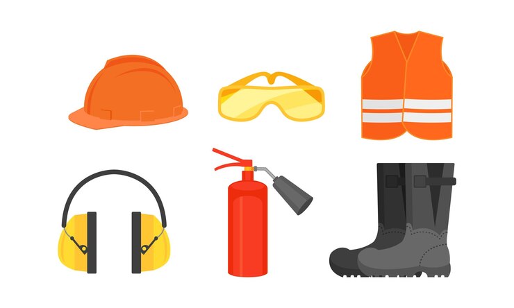 Vector elementos de ropa de trabajo de protección para bomberos y constructores otorrinoculares casco naranja de alta visibilidad chaleco reflectante gafas de seguridad botas ignífugas extintor de incendios