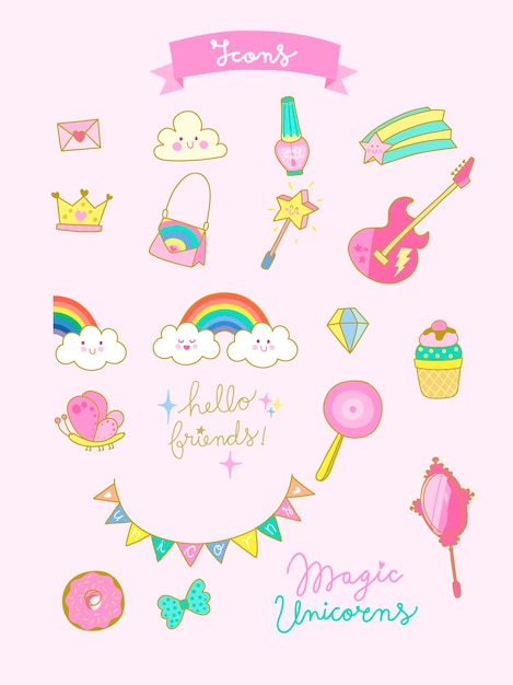 Elementos rosados femeninos Arco iris Nubes Espejo Unicornios Guitarra mágica Iconos lindos de ilustración vectorial