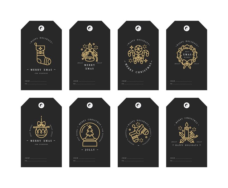 Elementos de saludos navideños de diseño lineal dorado vectorial sobre fondo blanco Etiquetas navideñas con tipografía