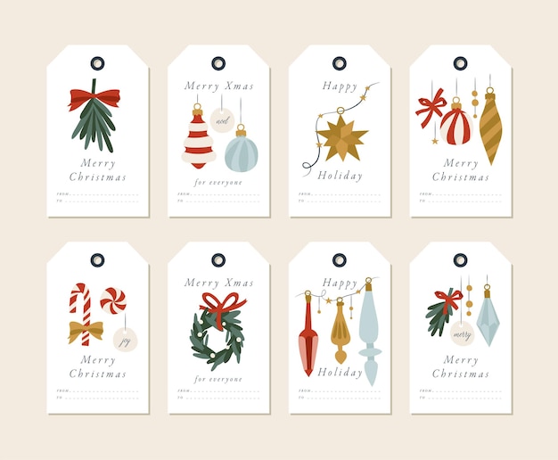 Elementos de saludos navideños de diseño lineal vectorial sobre fondo blanco Etiquetas navideñas con tipografía e icono colorido