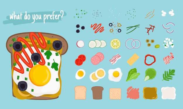 Elementos de sándwiches. Ingredientes de dibujos animados para sabrosas hamburguesas y hamburguesas, ilustración vectorial rebanada de comida de pollo y queso tostado, tomate fresco y cebolla, huevos asados yb