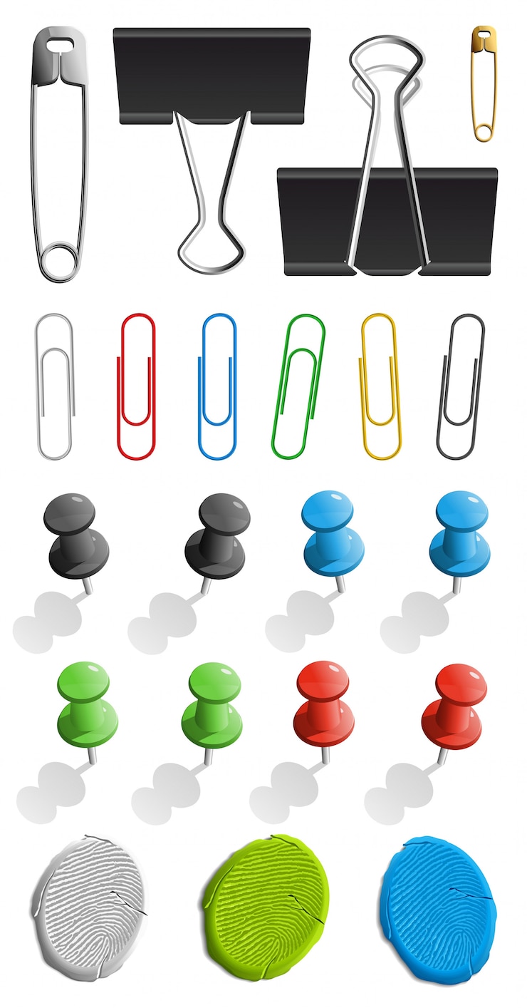 Vector elementos para sujetar papel. pin, plastilina y clip. ilustración sobre fondo blanco.