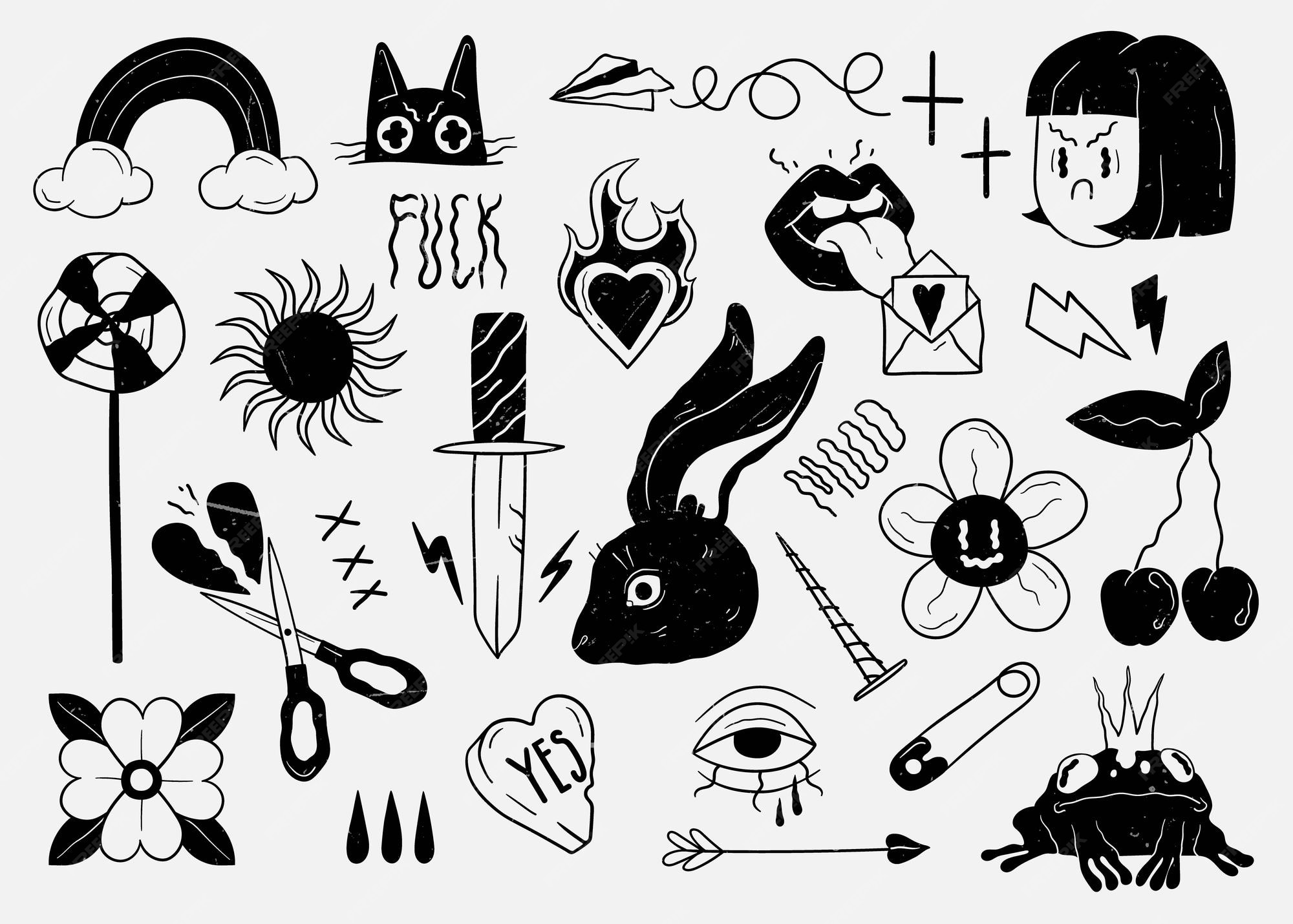 Elementos de tatuaje de la vieja escuela tatuajes de dibujos animados en  estilo divertido ilustración vectorial | Vector Premium