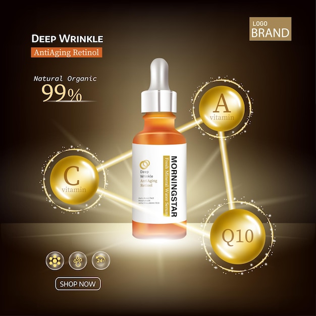Elementos de tratamiento para el cuidado de la piel de suero de aceite de oro con aceite precioso coenzima Q10 y botella cosmética