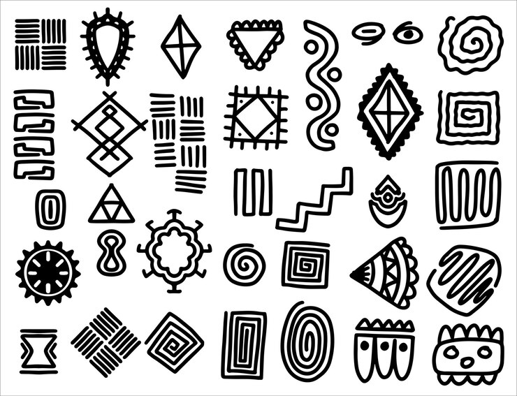 Elementos tribales étnicos dibujados a mano en estilo colorido Colección de formas de arte africano abstracto conjunto de decoración de garabatos tribales Formas étnicas aleatorias textura de estampado animal y dibujado a mano tradicional
