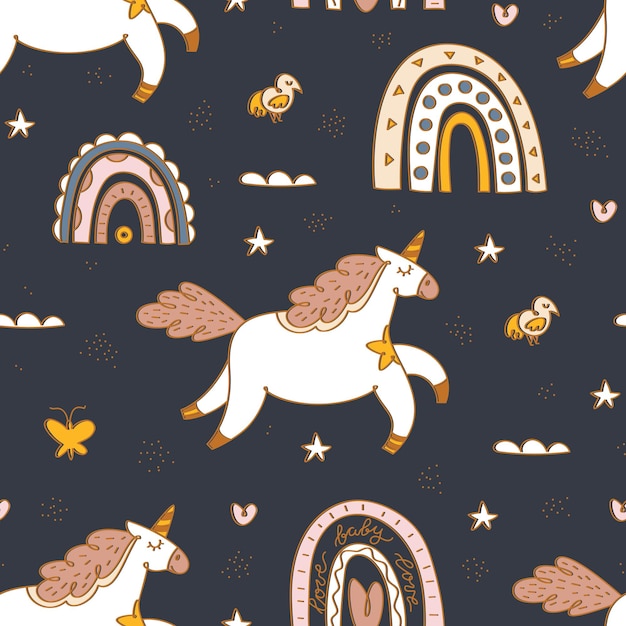 Elementos de unicornio, arco iris, pájaro y boho de patrones sin fisuras