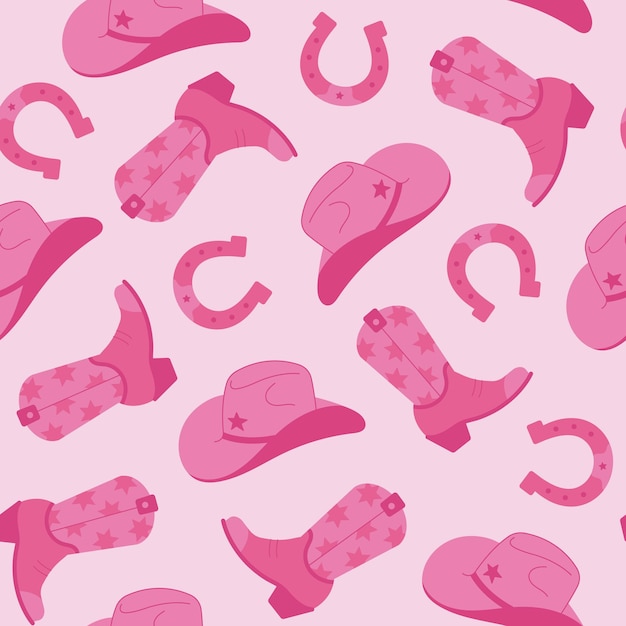 Elementos de vaquera del salvaje oeste de patrones sin fisuras sobre un fondo rosa Sombrero de vaquero botas herradura