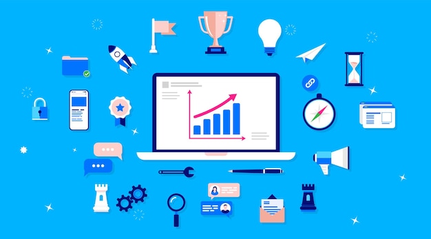 Elementos de vector de diseño de negocios e iconos sobre fondo azul