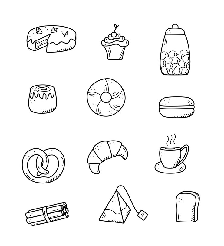 Elementos vectoriales de bocadillos dulces y pasteles platos de café Estupendo estilo