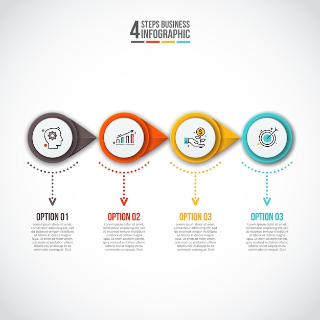 Elementos vectoriales para el concepto de negocio infográfico con 4 pasos o procesos