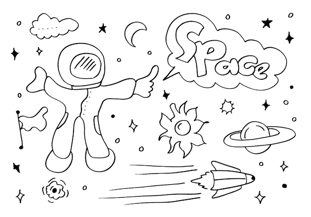 Elementos vectoriales de doodle espacial. Conjunto de dibujo a mano de icono espacial sobre fondo blanco.