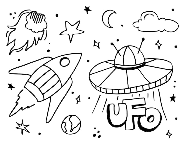 Elementos vectoriales de doodle espacial. Conjunto de dibujo a mano de icono espacial sobre fondo blanco.