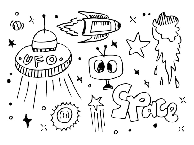 Elementos vectoriales de doodle espacial. Conjunto de dibujo a mano de icono espacial sobre fondo blanco.