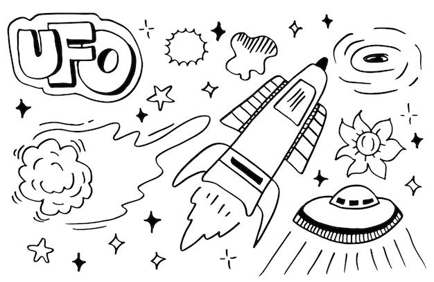 Elementos vectoriales de doodle espacial. Conjunto de dibujo a mano de icono espacial sobre fondo blanco.