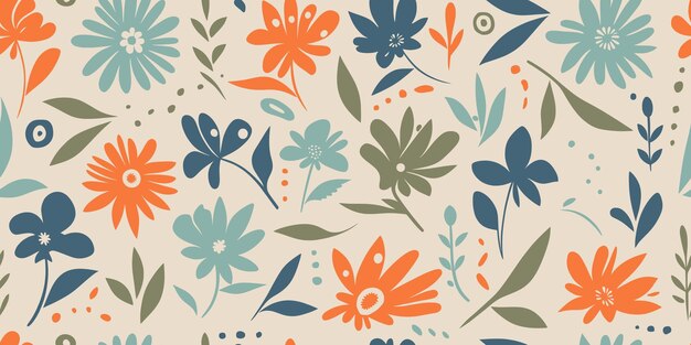 Elementos vegetales dibujados a mano flores y hojas patrón sin costuras