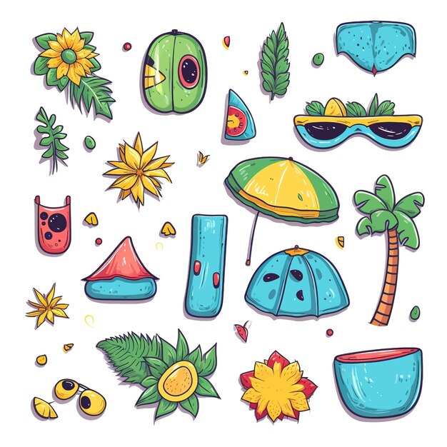 Vector elementos de verano dibujados a mano ilustraciones vectoriales de dibujos animados clipart fondo blanco