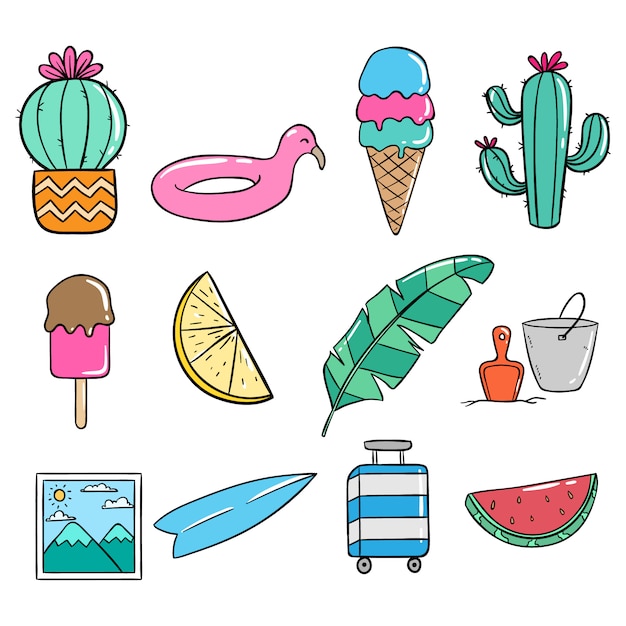 Elementos de verano en estilo doodle